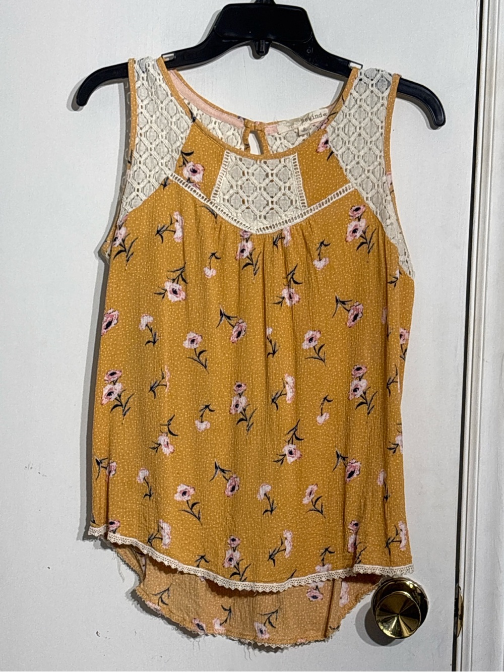 Rewind Mustard Floral Tank with Crochet Yoke